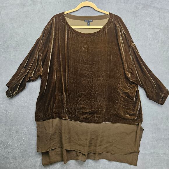 Eileen Fisher Tops - Eileen Fisher Velvet Tunic Top Brown Layered Hem 3/4 Sleeve Women XL